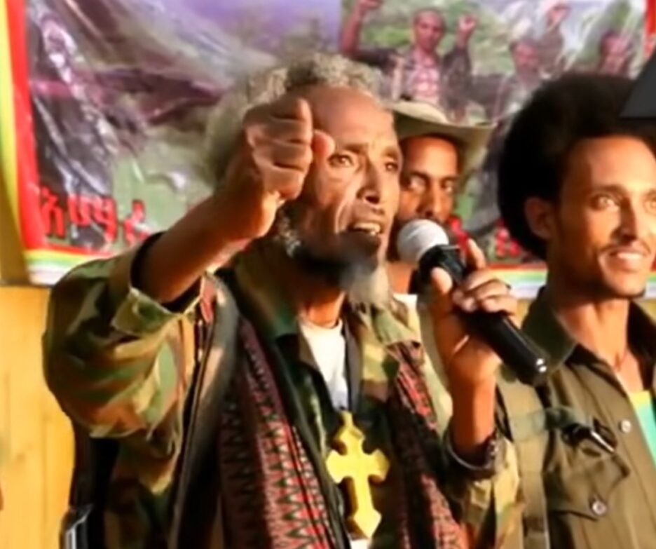 Mesafint Teka, a commander of  Fano delivers a speech calling on ethnic Amhara youths to join the ranks of his forces and attack Tigrayans in 2018.