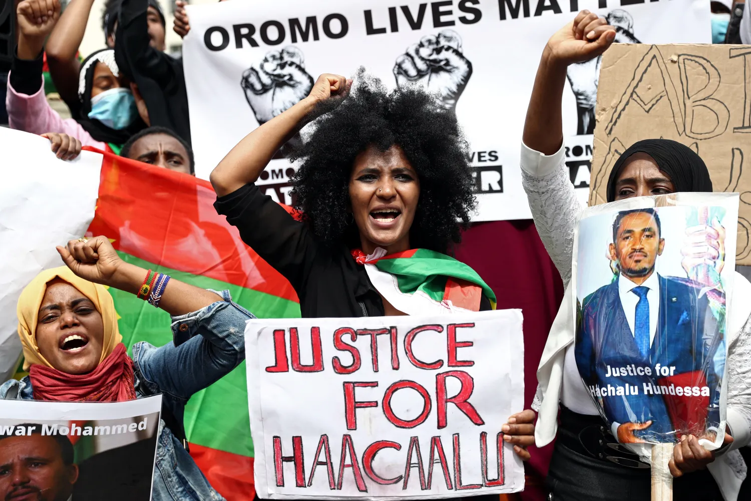 Oromo community in UK hold a protest demanding justice for Hachalu Hundessa following his assassination on June 29, 2020. 
