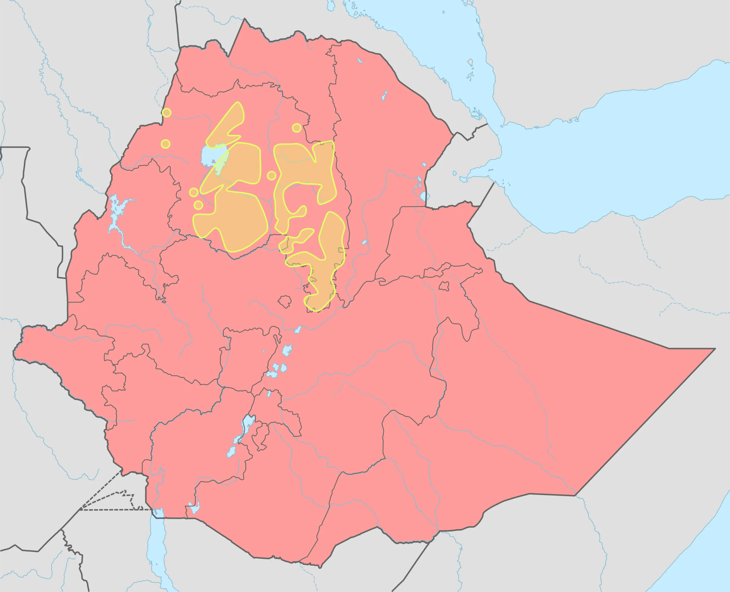 Map showcasing areas where the FANO militia clashed with ENDF forces from April to December 2023. Base map sourced from NordNordWest (2015, March 25) via Wikimedia Commons. Data on FANO clashes from ACLED, C. (2024, January 19), Ethiopia Peace Observatory.