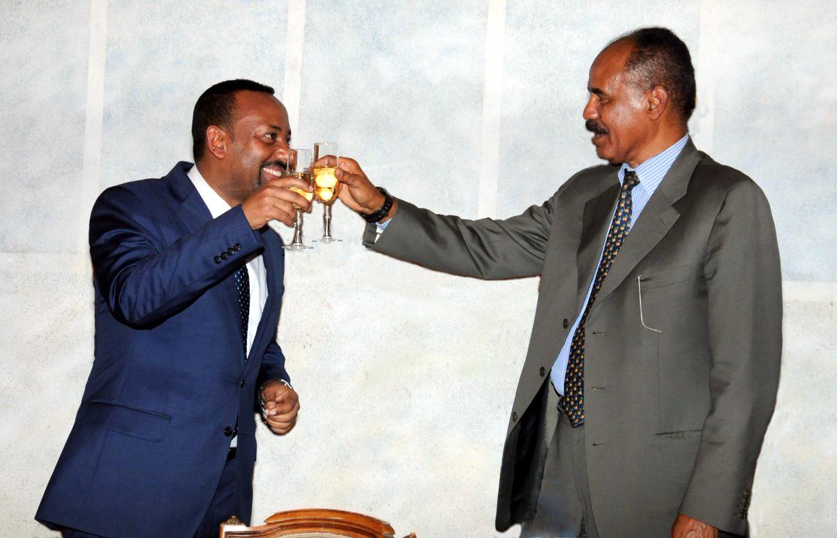 Ethiopia’s PM Abiy Ahmed and Eritrea’s President Isaias Afewerki at an official dinner in Asmara. Credit: Yemane Gebremeskel, Minister of Information, Eritrea.